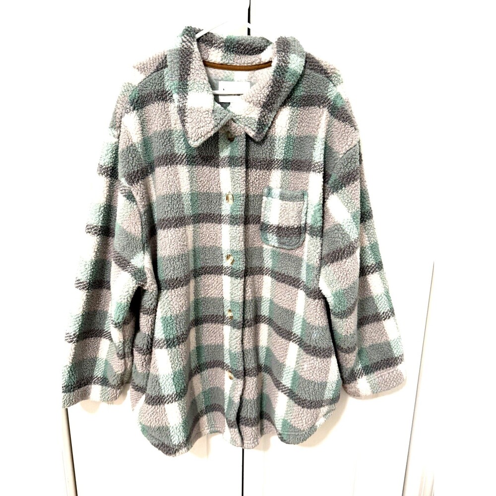 Koolaburra UGG Sz 3X Womens Brushed Back Sherpa Cozy Shacket Plaid Gray Green